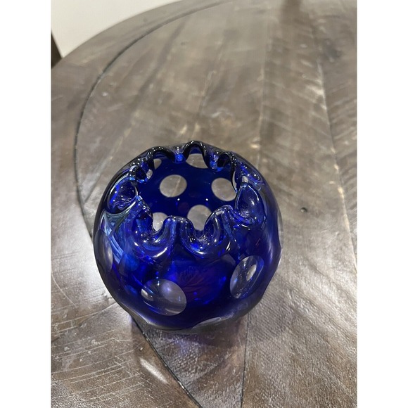 Cobalt Blue Cut to Clear Art Glass Rose‎ Bowl Vase Dots Ruffled Top 4" - Picture 2 of 9